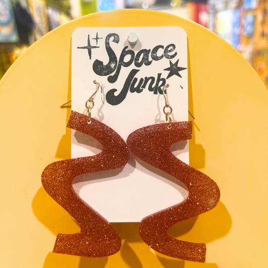 Space Junk Earrings: Giant 90's Wiggle Glitter Orange