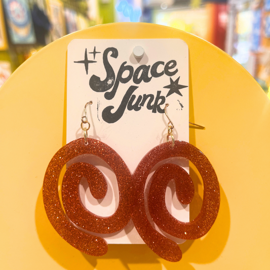 Space Junk Earrings: Glittery Orange Spirals