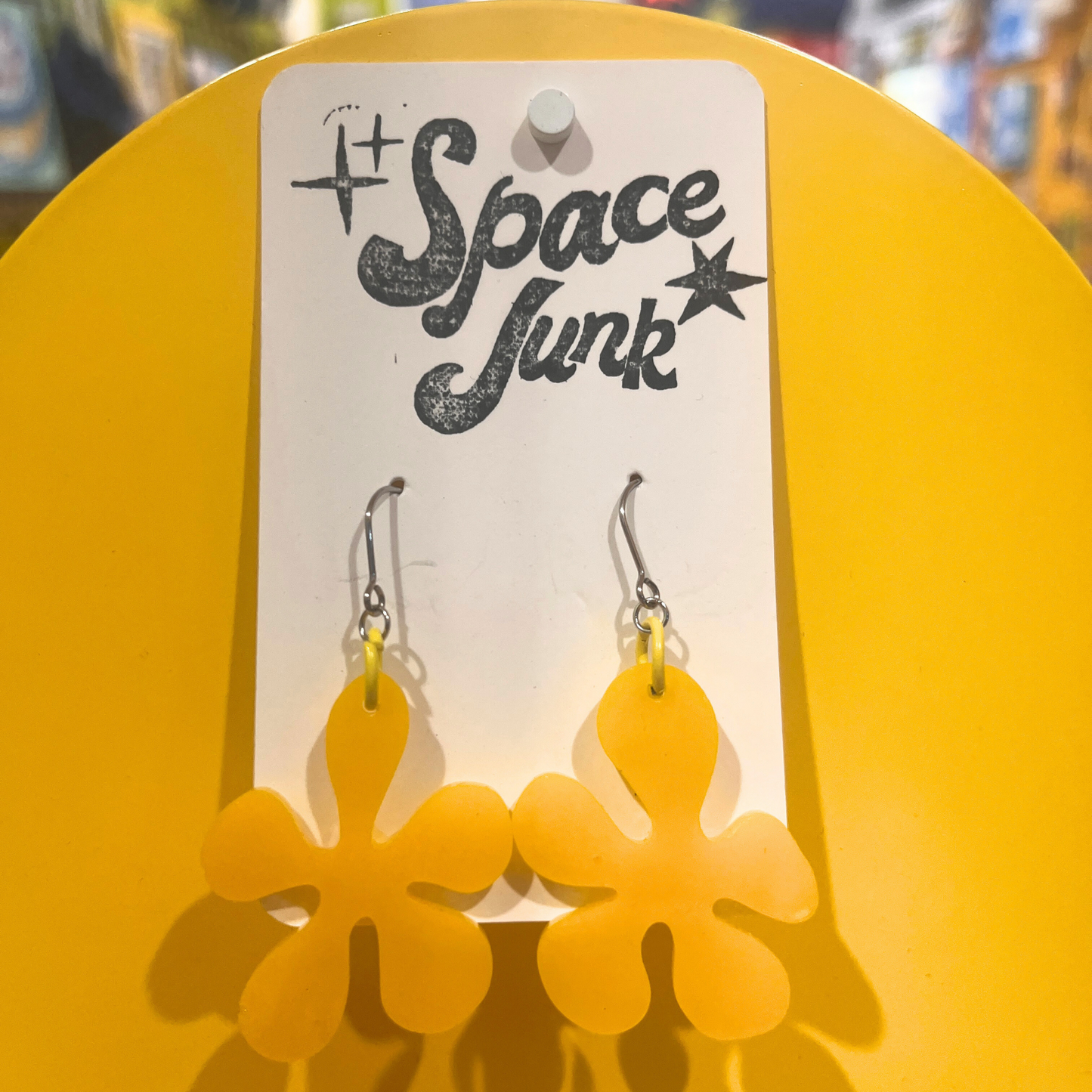 Space Junk Earrings: Groovy Flowers Yellow