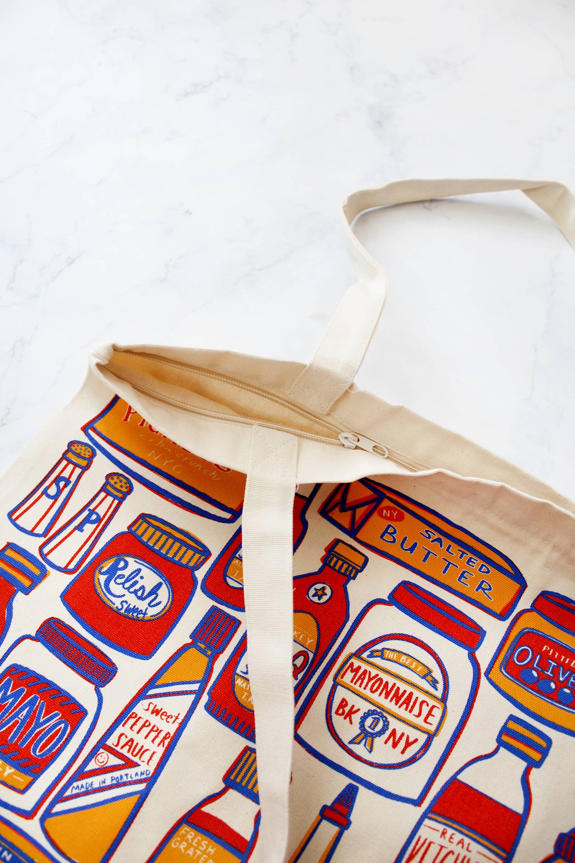 Condiments Print Canvas Tote Bag with Zipper Closure