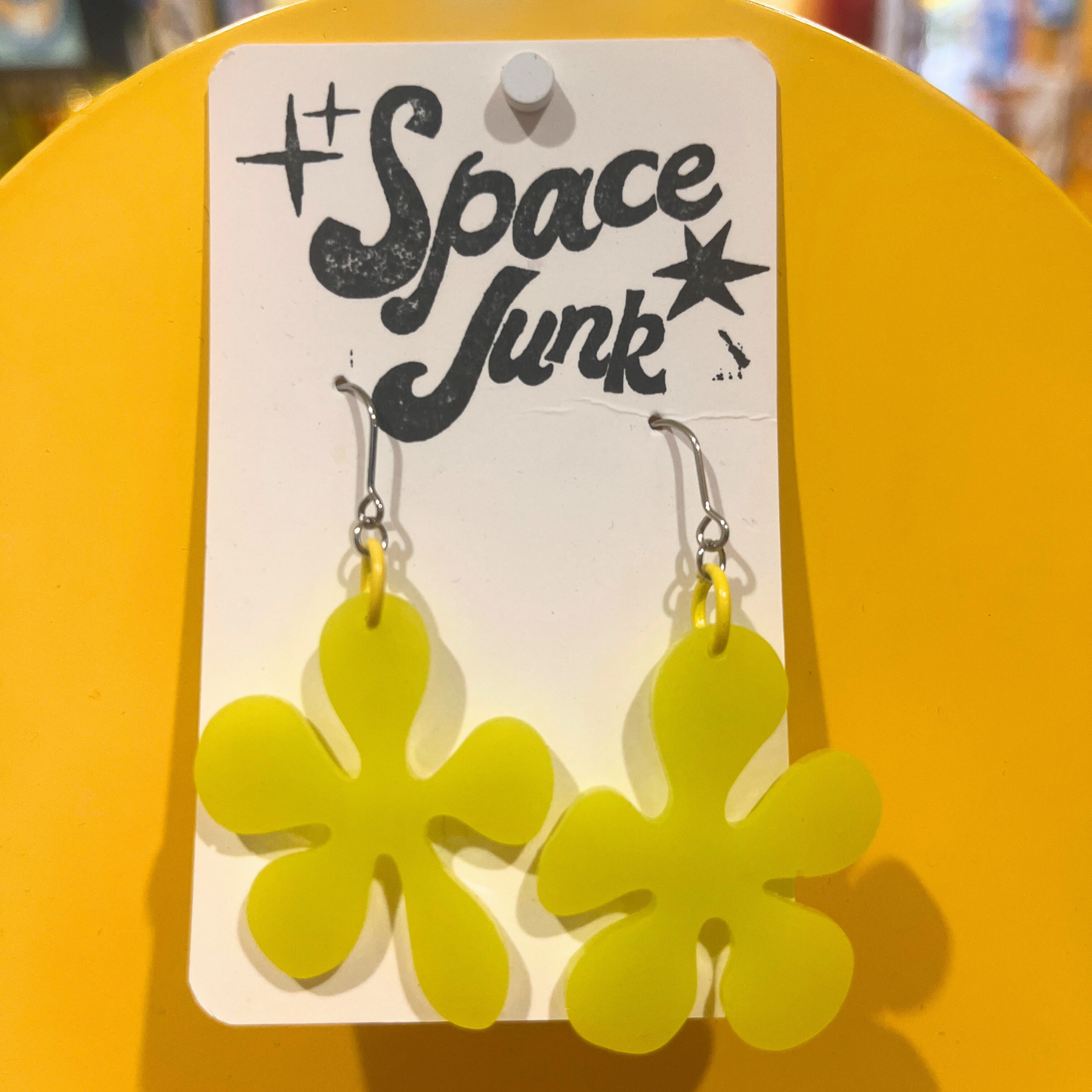 Space Junk Earrings: Groovy Flowers Green